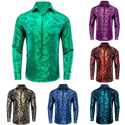 Mens Long Sleeve Silk Shirt Blue Red Gold Paisley Button Down Shirts Casual Tops • $19.99