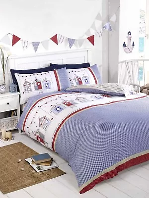 £14.95 • Buy Beach Huts Nautical Reversible Bedding Duvet Quilt Cover Set Single Double King 