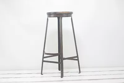 Vintage . Industrial Stool 30.25  Lab Stool Metal Maple Or Possibly Oak Wood Sea • $140