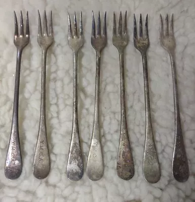 7 Pc Lot-The American Silver Company + H + T Mfg.co.Three Tine Forks Marked Ymca • $12.99