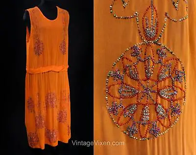 1920s Flapper Dress - Large Art Deco Orange Silk Chiffon Beaded - Bust 40.5 • $479.99