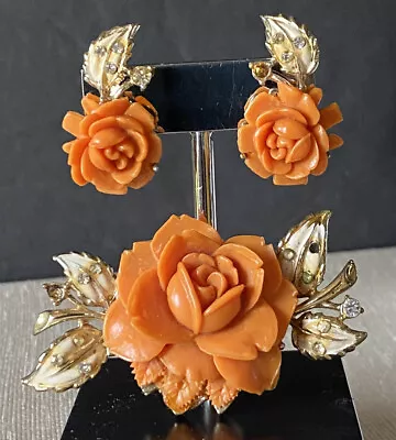 Vintage CORO Carved Coral Rose Brooch & Screw Back Earring Set Crystal Accents • $50