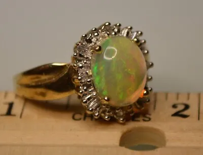 Vintage Opal & Diamond Halo Ring 10k White Gold Size 7 NATURAL Oval Cabochon • $375