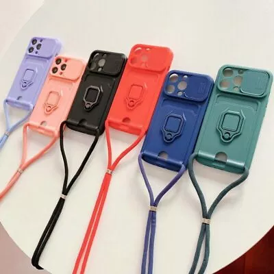 For IPhone 15 14 13 12 11 Pro Max Case Cover Neck Lanyard Ring Stand Card Holder • £5.75