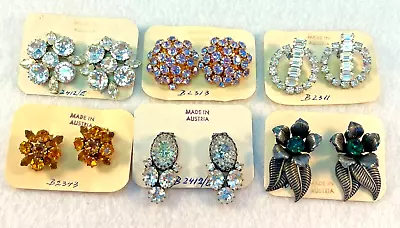 6 Pr VTG Austrian Crystal Clip Earrings-Original Austria Cards-4 Marked Austria • $60