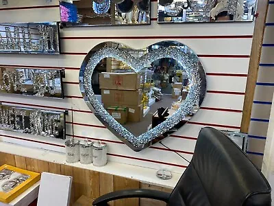  Heart Shaped Wall Mirror  Diamond Crushed Crystal With LED Light  80×70cm • £89.99