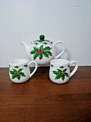 Mary Ann Baker Otagiri Holly Teapot & Two Mugs • $26.25