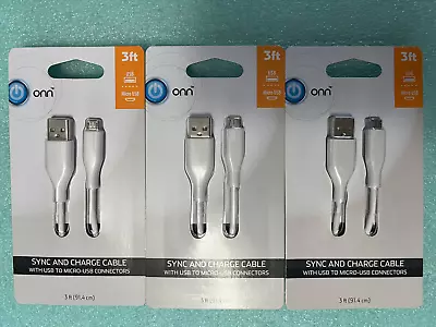 Lot Of 3 ONN 3ft USB To Micro-USB SYNC And Charge Cable-White • $10.88