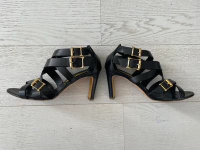 £50 • Buy *Worn Once* Rupert Sanderson 37/4 Black Strappy Sandals Shoes Gold Buckles