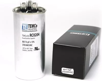 TEMCo 80+7.5 Uf/MFD 370-440 VAC Volts Round Dual Run Capacitor 50+60 Hz AC-Lot 1 • $15.99