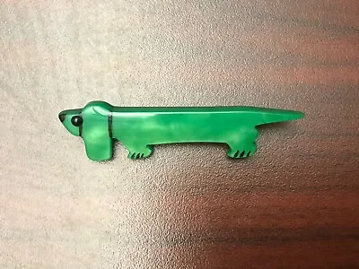 Signed Marie Christine Pavone Green Galalith Dog Dachshund Animal Pin Brooch • $95