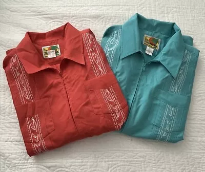 Lot Of 2 Haband Guayabera Short Sleeve Zip Embroidered Shirts Cuban Size Large • $42.95