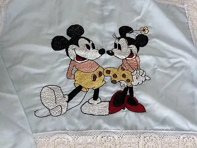 Handmade Mickey And Minnie Mouse Embroidered Pillowcase? Burp Cloth Lace Buttons • $14.95