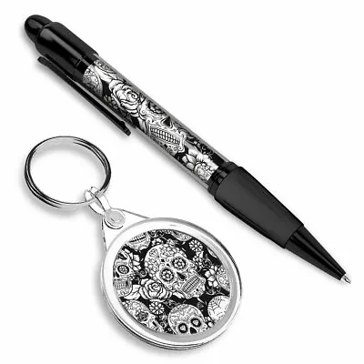 Pen & Keyring (Round) - BW - Sugar Skulls Pattern Mexican Mexico #41206 • £6.99