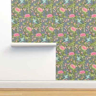 £34.84 • Buy Peel-and-Stick Removable Wallpaper Bamboo Birds Blossoms Cherry Japanese Garden