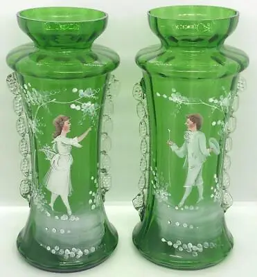 Antique - Hand Painted - Mary Gregory - Applied Glass Sides - Mantle Vases Pair • $149