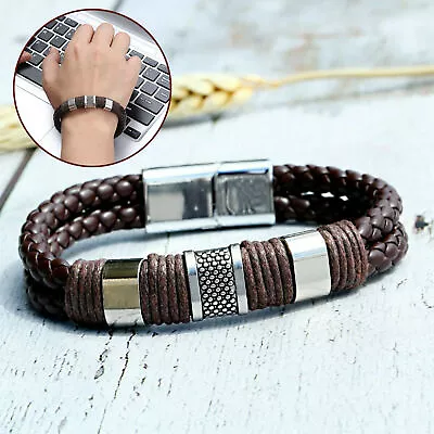 Men's Stainless Steel Leather Bracelet Magnetic Silver Clasp Bangle Brown • £3.99