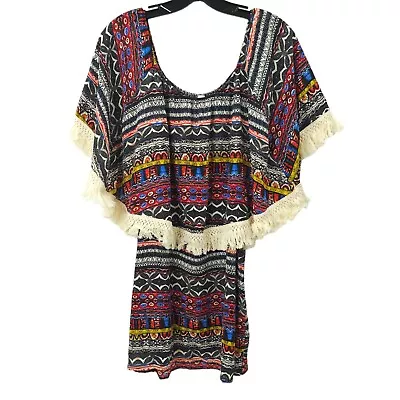 Yahada Tribal Geometric Boho Mini Dress Womens S Fringe Attached Poncho Style • $21.25