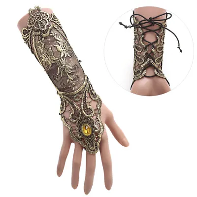 Gothic Steampunk Lace Cuff  Fingerless Glove Arm Warmer Bracelet Black Gold Rock • £5.49