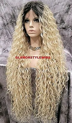 45  Lace Front Full Wig Extra Long Curly Middle Part Ombre Brown Bleach Blonde • $79.84