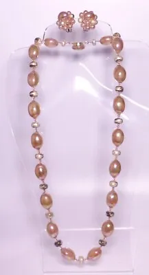 VINTAGE SET Necklace Clip Earrings Oblong Iridescent Pink Soap Bubble Beads • $35