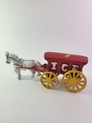 Vintage Cast Iron White Horse Drawn Red Ice Cart Buggy Wagon Toy Vintage • $14.99