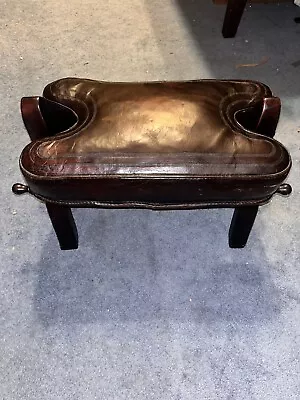Vintage Wood Thick Leather Camel Saddle Foot Stool Seat Well Cared For • $125