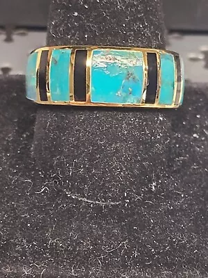 JTV Blue Turquoise & Onyx 18k Yellow Gold Over Sterling Silver Men's Inlay Band • $54.95