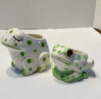 Vintage Ceramic Frog Planters Anthropomorphic Flower Plant Pot Green Polka Dot • $23