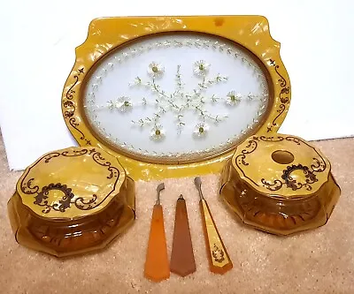 8 Piece Vintage Bakelite & Celluloid Dresser Set Glass Jars I Tray W/Lace Insert • $24.99