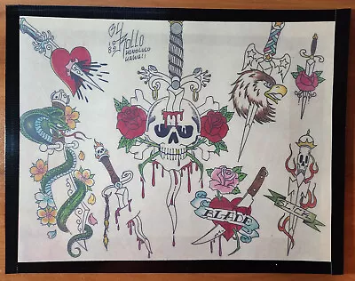 RARE 1989 Mike Rollo Malone Vintage Tattoo Flash Sheet Skulls Dagger Eagle Snake • $39.99