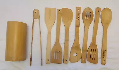 Chef HQ 9 Piece Bamboo Cooking Utensils Set New In Box - 8 Utensils + Holder • $8