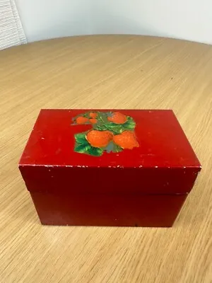 Mid Century Vintage Retro Red Strawberries Fruit Tin Metal Hinged Recipe Box • $10.35