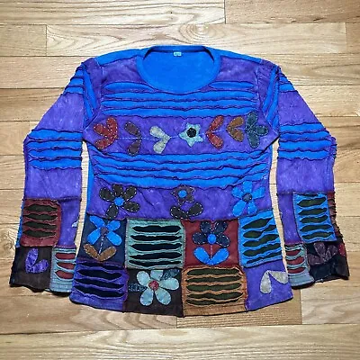 Vintage Patchwork Long Sleeve Shirt Top Size XL Hippie Made In Nepal • $24.95