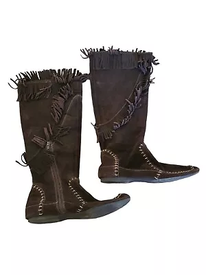 70s Vintage Suede Leather Fringe Moccasin Boots Brown Knee High Boho Size 9.5  • $145