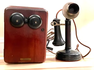 Antique 1901 Kellogg Oak Wall Phone - Metal/black Candlestick & Original Wiring • $355