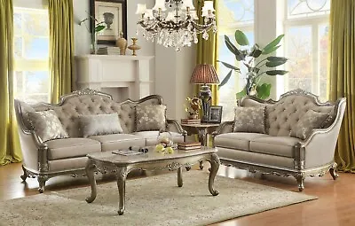 Opulent Faux Silk Taupe Traditional Jewel Tufted Sofa And Loveseat Furniture Set • $2799