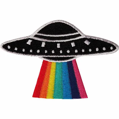 Flying Saucer Rainbow Patch Iron Sew On Alien NASA Space UFO Embroidered Badge • £2.79