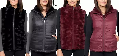 Nicole Miller Ladies Reversible Puffer Faux Fur Vest Black Wine S M NWT • $22.99