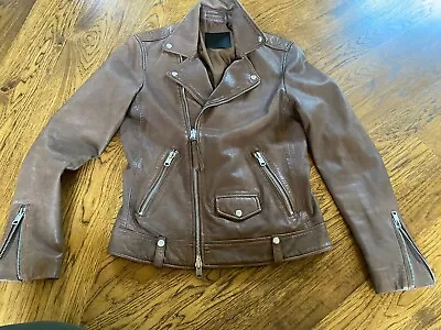 AllSaints Milo Biker Lamb Leather Jacket Mens XS Brown Cross Zip Moto Adult • $69.99