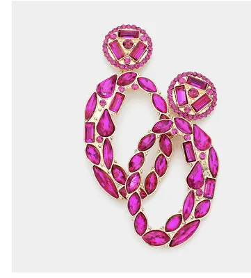 Fuchsia Earrings Hot Pink Long Gold Large Dangle Pageant Rhinestone Crystal 2.7” • $16.20