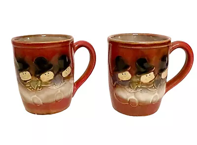 Snowman Mugs Coffee Cup Brown Multicolor 3D Holiday Winter Set Of 2 Vintage • $16.88