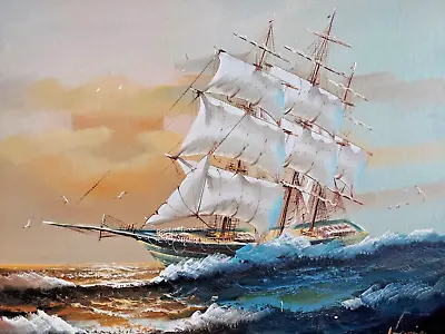 Original Vintage Oil On Canvas Board Painting Clipper Ship Seascape • $45