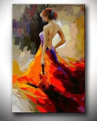 LMOP08 Portrait  100% Hand Painted Red Dress Violin Girl Art Oil Painting Canvas • $50.74