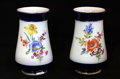 Rare A Pair Of Meissen Floral Bouquet Cobalt Blue Vases 4-1/8  H • $148.50