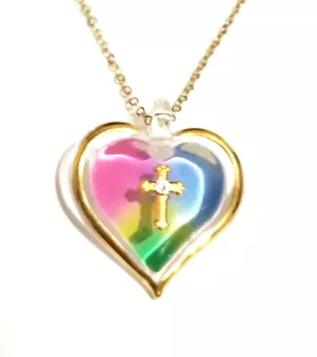 **NOS Glass Baron Rainbow Heart Cross Necklace And Earrings 22k Accents** • $16.99