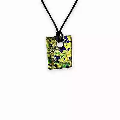 Murano Art Glass Necklace Pendant Foil Green Gold Rectangle Italy Black Cord • $0.99