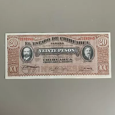 Mexico Estado De Chihuahua 20 Pesos 1915 Banknote Mexican War Currency S532A CU • $29.95