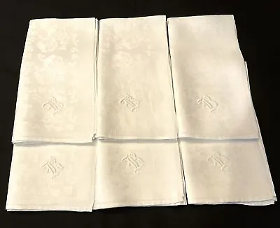 6  VTG White Irish Linen DOUBLE DAMASK Napkins PANSY  22  SQ Monogram  R  Or  B  • $45