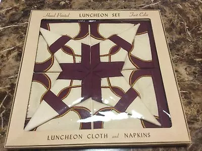 Vintage Linen Hand Printed Luncheon Cloth And Napkins Bridge Table Cloth Set • $16